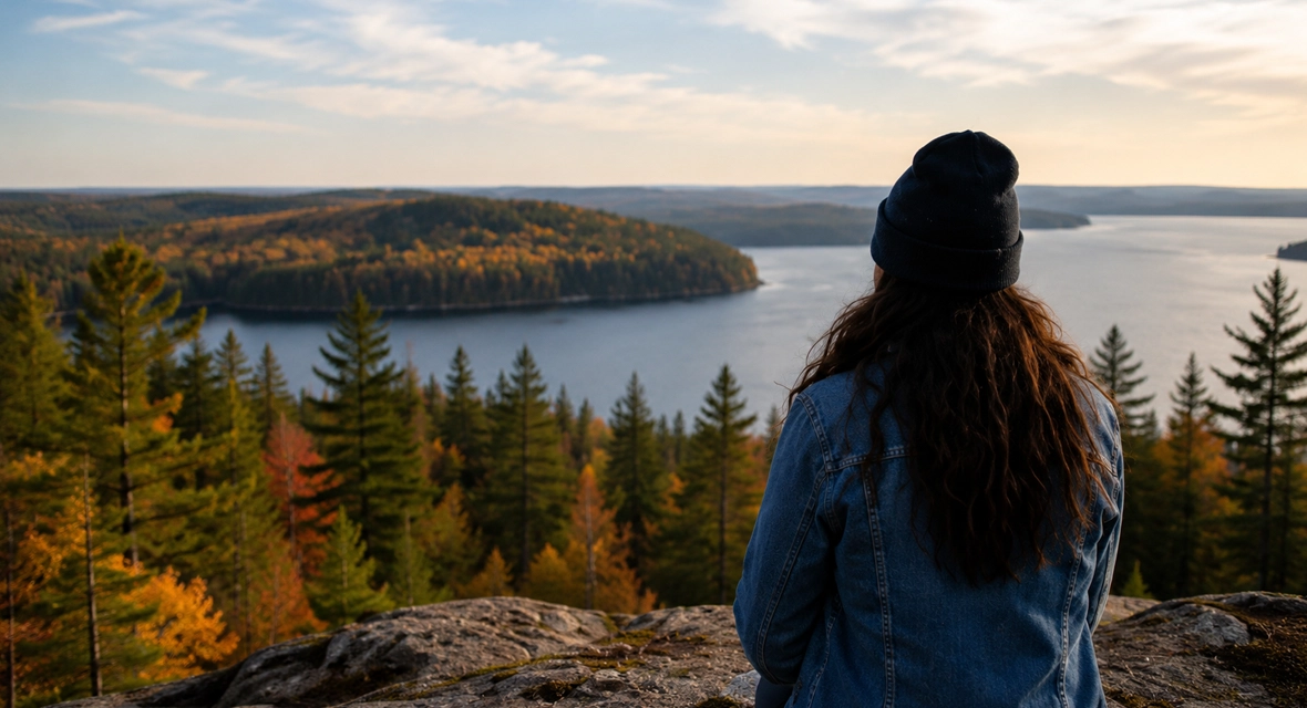 A person overlooking a forested lake in Northern Ontario