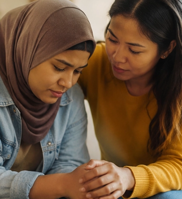 A caregiver comforting a young person