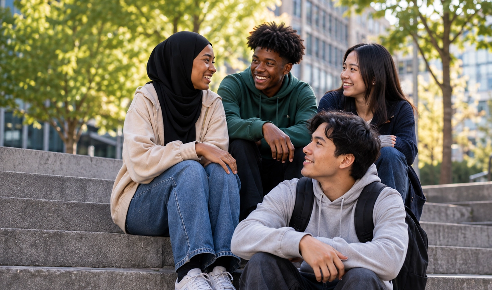 A diverse group of young adults smiling together